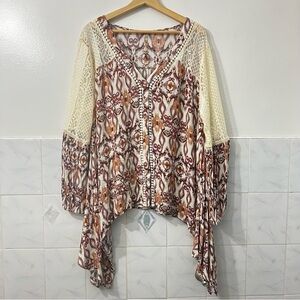Women’s Geometric Asymmetric Long Sleeve Top Lace Crochet Peasant Boho L Festive